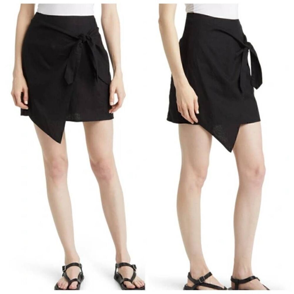 Treasure & Bond Side Tie Linen Blend Wrap Mini Skirt Black Size Large